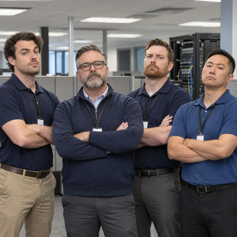 Four IT Jerks technicians standing shoulder to shoulder with their arms folded, looking unimpressed.